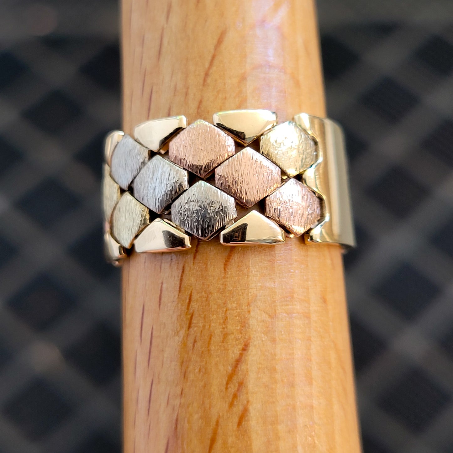14K Tri-Color Gold Satin Flexible Cigar Band Ring Size 9 – Made in Italy!