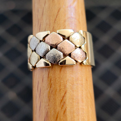 14K Tri-Color Gold Satin Flexible Cigar Band Ring Size 9 – Made in Italy!