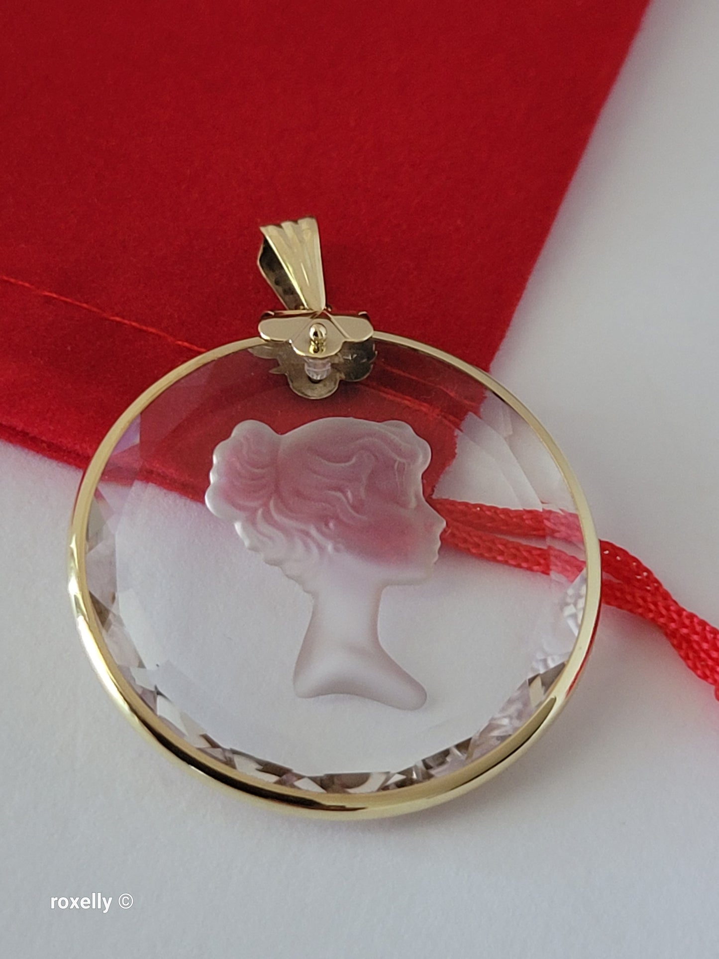 14K Vintage Yellow Gold Carved Face Clear Intaglio, Woman Bust Design Pendant, Solid Gold - Made in Italy!