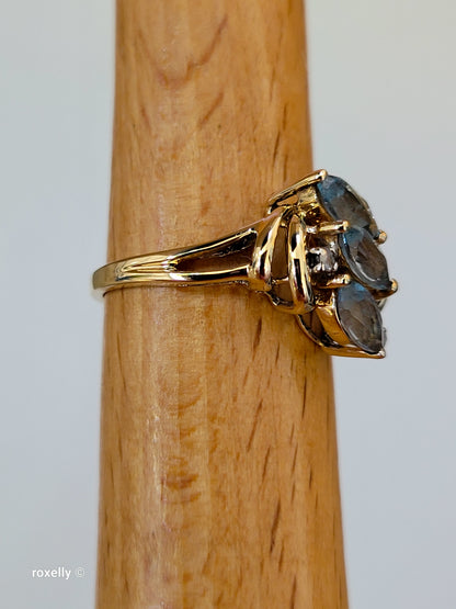 14K Yellow Gold Blue Topaz and Diamond Cocktail Ring Size 6, Solid Gold!