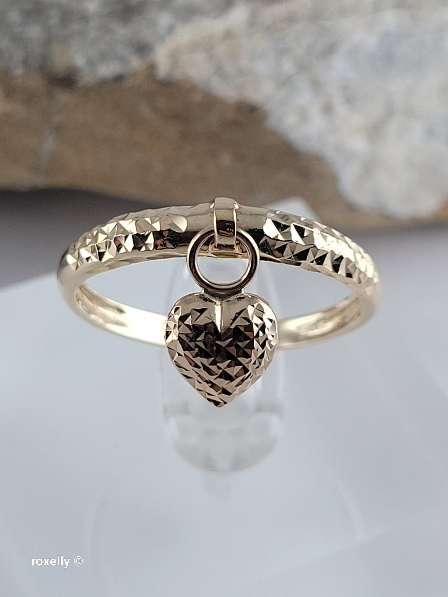 14K Yellow Gold Diamond-Cut Ring Size 10 with Heart Charm, Solid Gold!
