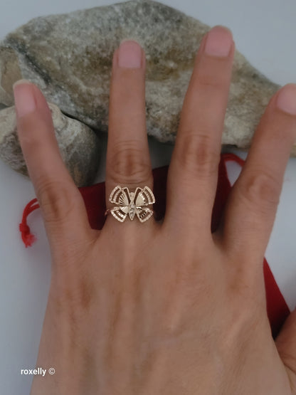 14K Rose Gold Butterfly Design, Diamond Cut & CZ Ring Size 6 - Solid Gold!