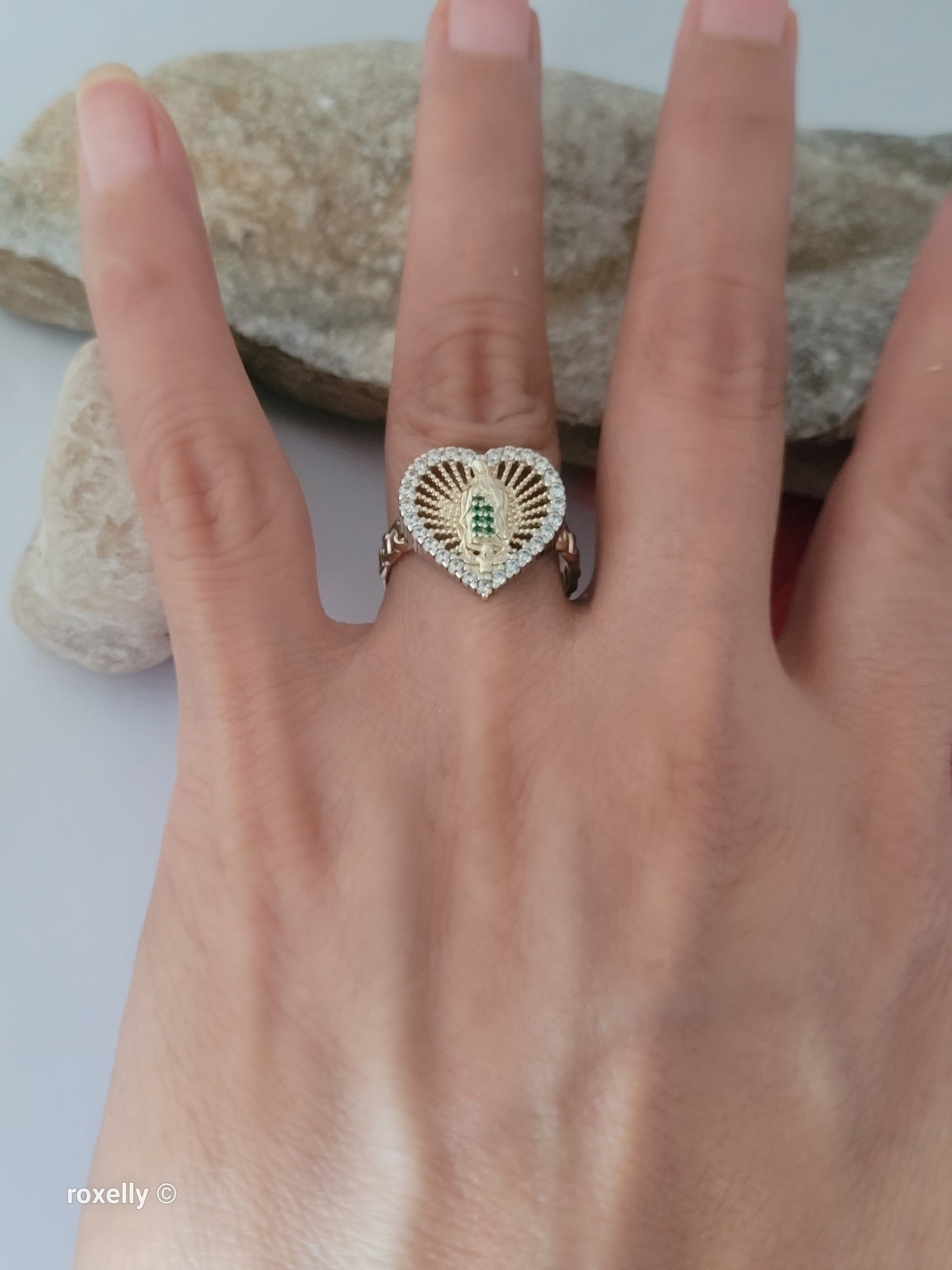 14K Yellow Gold, Heart-Shaped Lady of Guadalupe with Green and White Cubic Zirconia Ring Size 8, Solid Gold!