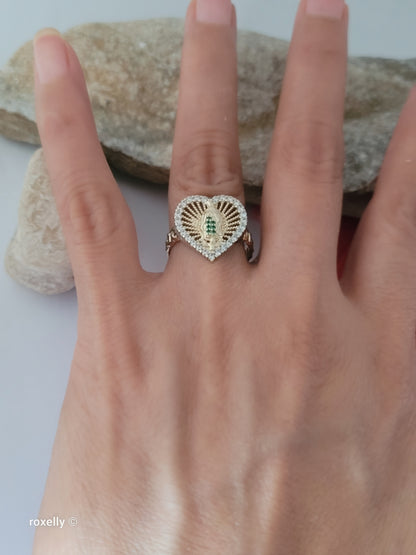 14K Yellow Gold, Heart-Shaped Lady of Guadalupe with Green and White Cubic Zirconia Ring Size 8, Solid Gold!