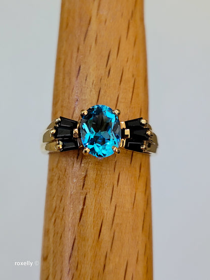 10K Yellow Gold Blue Topaz and Sapphire Cocktail Ring Size 7.25, Solid Gold!