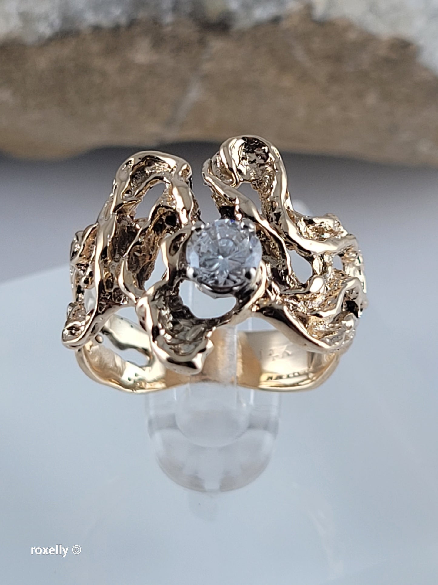 14K Yellow Gold Vintage Cubic Zirconia Brutalist Ring, Solid Gold!