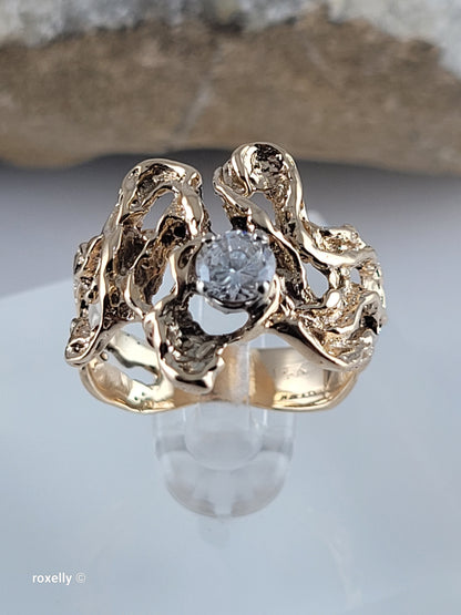 14K Yellow Gold Vintage Cubic Zirconia Brutalist Ring, Solid Gold!