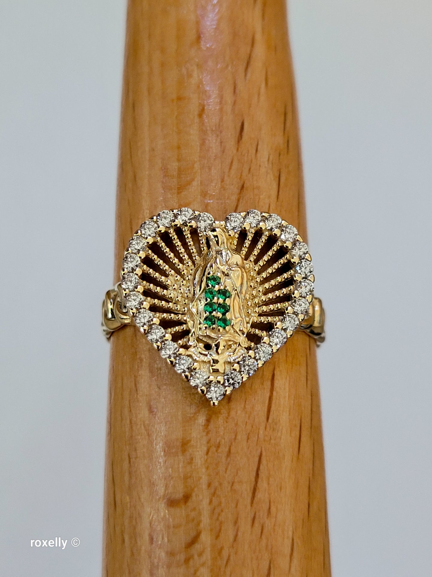 14K Yellow Gold, Heart-Shaped Lady of Guadalupe with Green and White Cubic Zirconia Ring Size 8, Solid Gold!