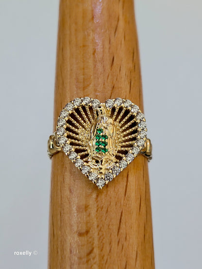 14K Yellow Gold, Heart-Shaped Lady of Guadalupe with Green and White Cubic Zirconia Ring Size 8, Solid Gold!
