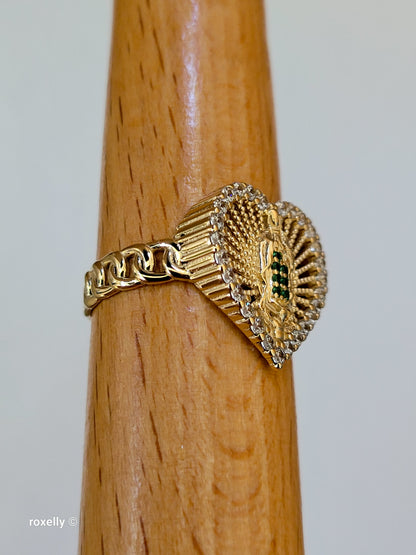 14K Yellow Gold, Heart-Shaped Lady of Guadalupe with Green and White Cubic Zirconia Ring Size 8, Solid Gold!