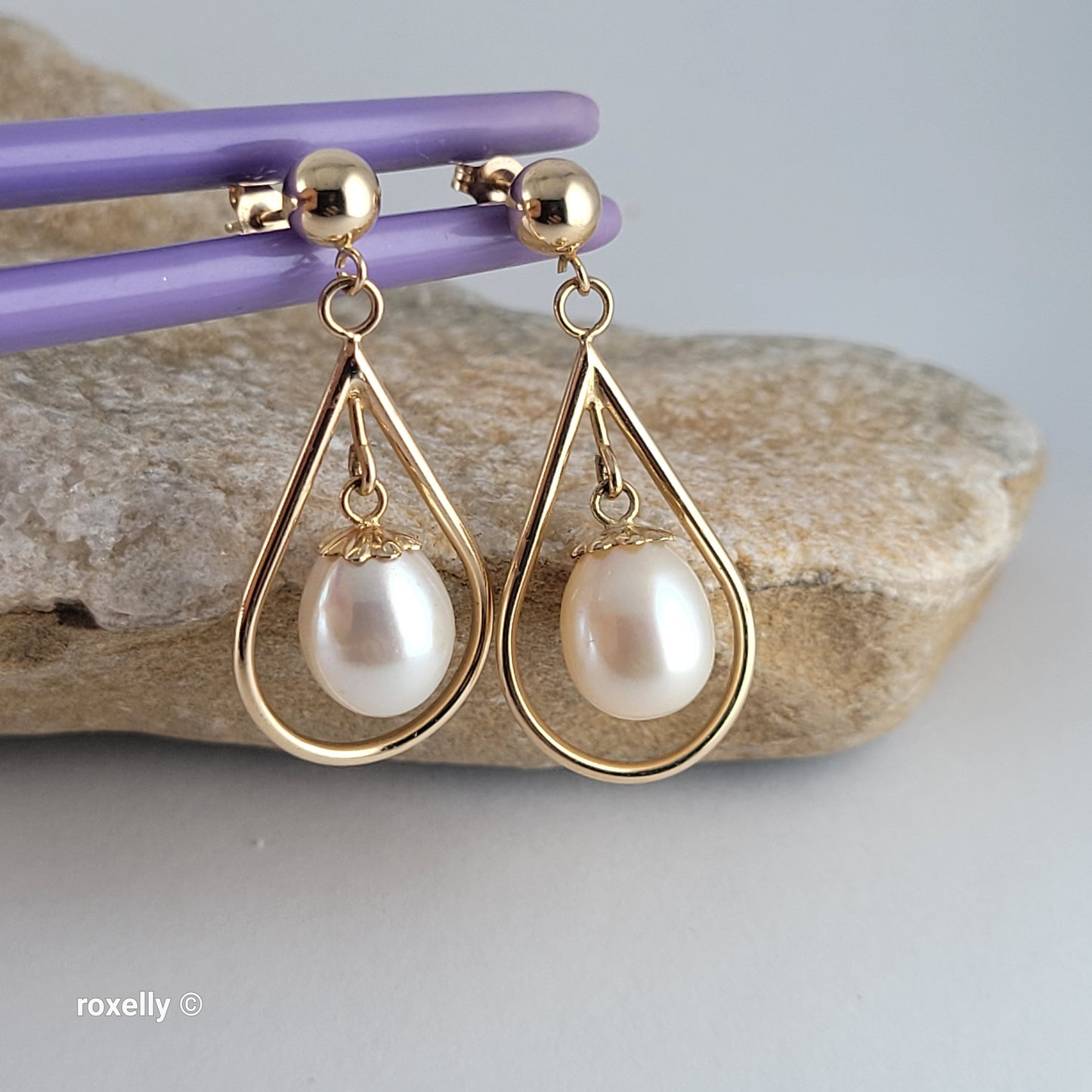 14K Yellow Gold Freshwater Pearl Drop-Shaped Dangle Earrings, Solid Gold!