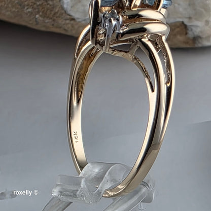 14K Yellow Gold Blue Topaz and Diamond Cocktail Ring Size 6, Solid Gold!