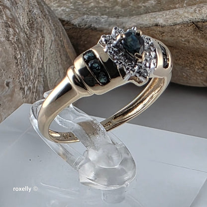 10K Yellow Gold Sapphires and Genuine Diamond Ring Size 7, Solid Gold!