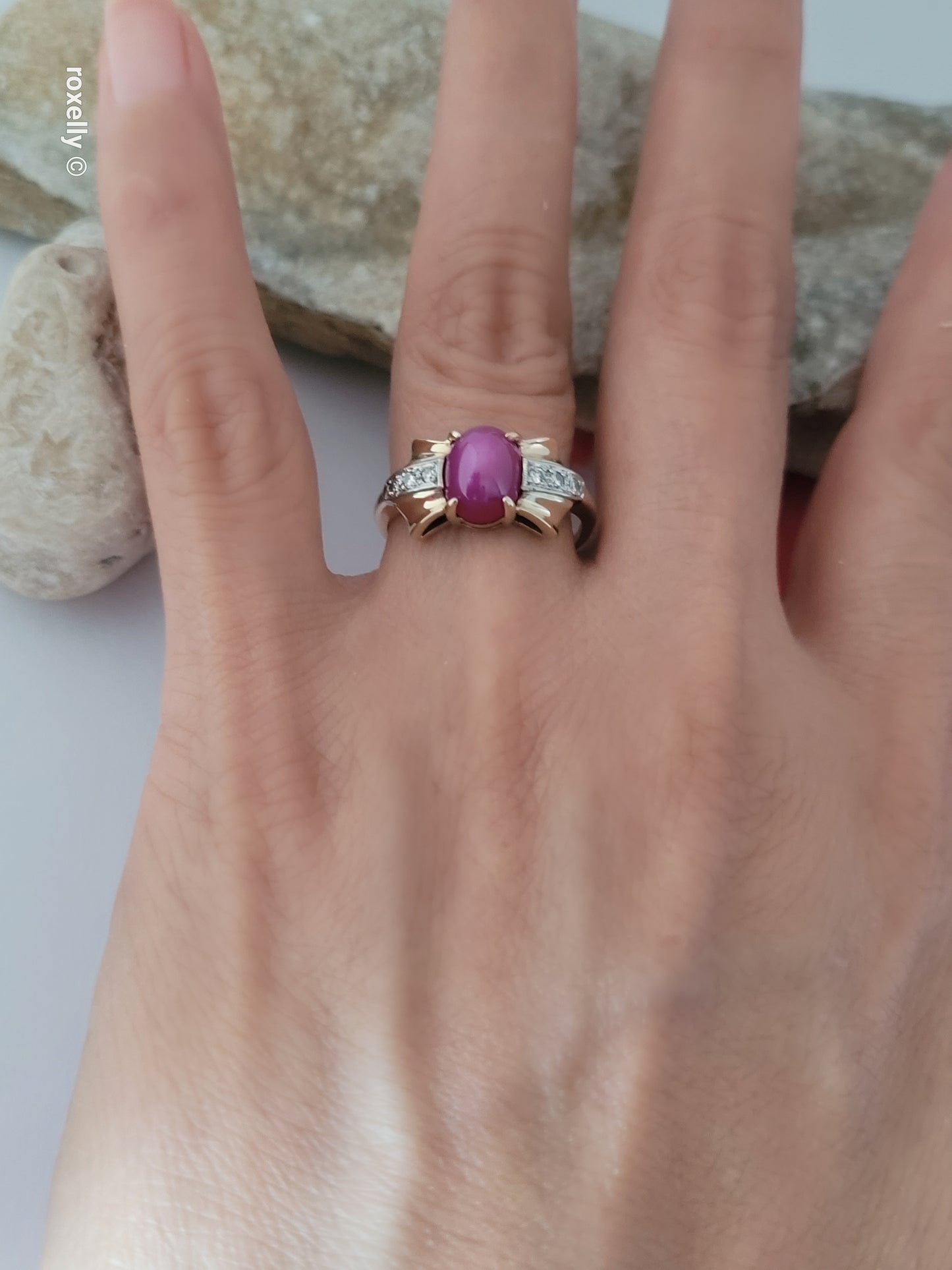 14K Yellow Gold Pink Star Sapphire and Diamond Ring Size 7.5, Solid Gold!