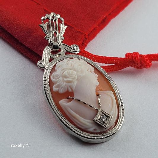 Vintage 14K White Gold Italian Cameo Brooch/Pendant & Genuine Diamond