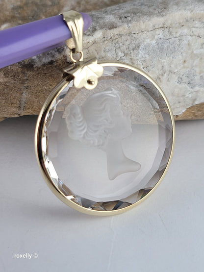 14K Vintage Yellow Gold Carved Face Clear Intaglio, Woman Bust Design Pendant, Solid Gold - Made in Italy!