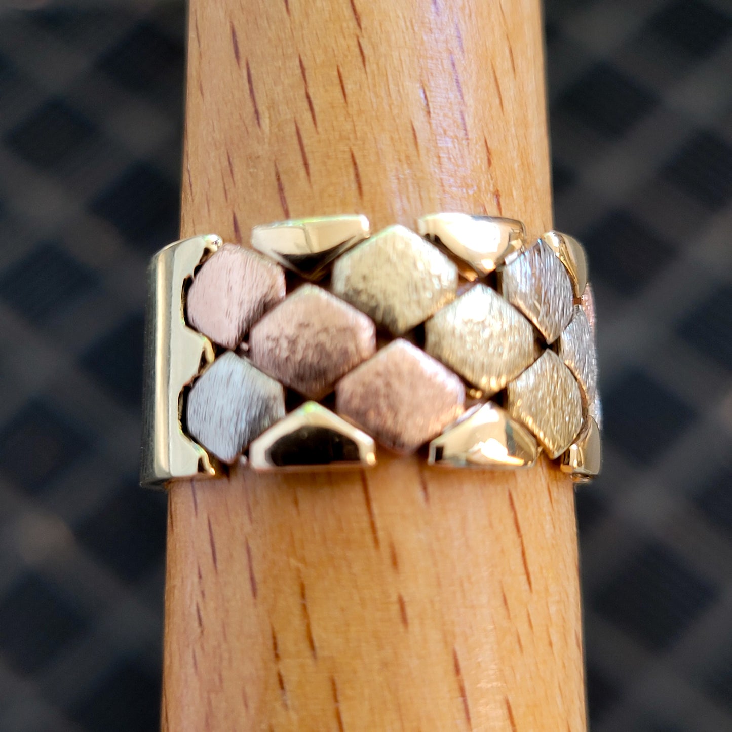 14K Tri-Color Gold Satin Flexible Cigar Band Ring Size 9 – Made in Italy!