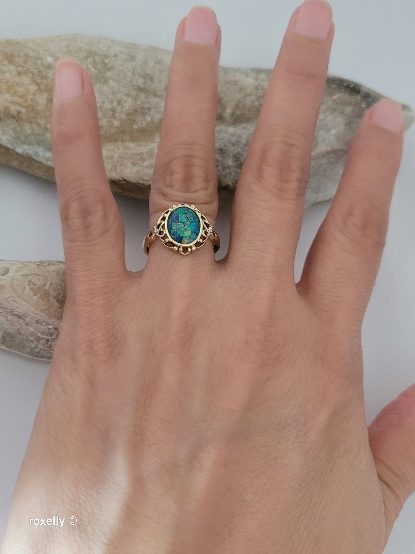 10K Yellow Gold Mosaic Opal and Diamonds Cocktail Ring Size 7, Solid Gold!