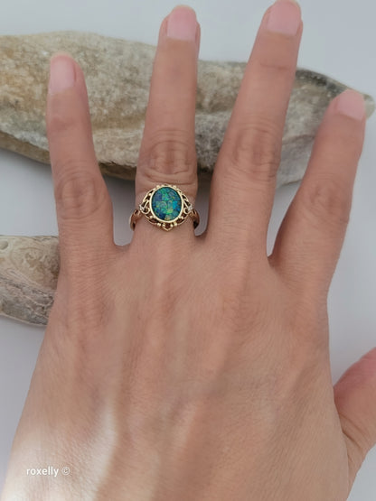 10K Yellow Gold Mosaic Opal and Diamonds Cocktail Ring Size 7, Solid Gold!