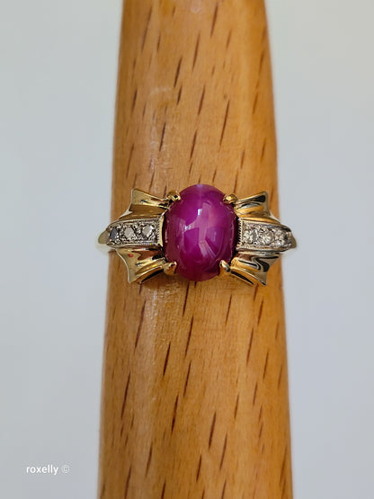 14K Yellow Gold Pink Star Sapphire and Diamond Ring Size 7.5, Solid Gold!