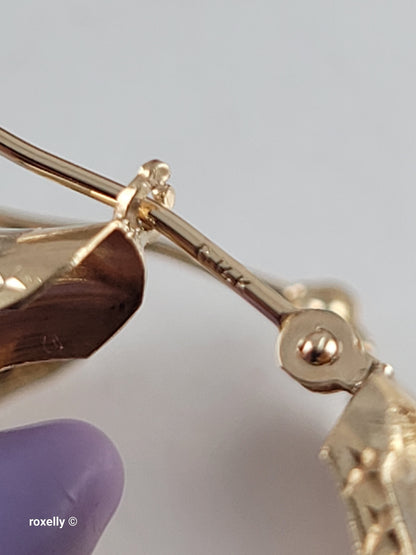 14K Yellow Gold Clasp Enamel Leopard and Diamond-Cut Hoop Earrings, Solid Gold!