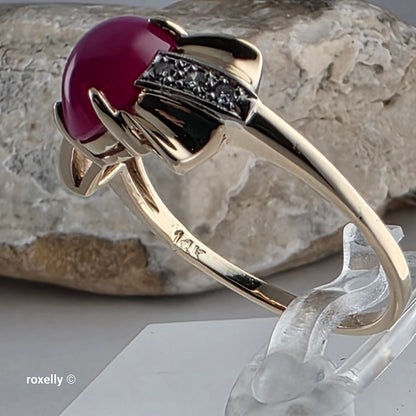 14K Yellow Gold Pink Star Sapphire and Diamond Ring Size 7.5, Solid Gold!