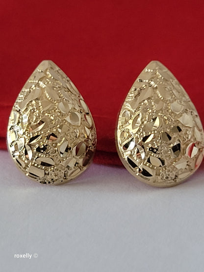 14K Solid Yellow Gold Nugget Teardrop Stud Earrings, 18.3mm Beautiful!