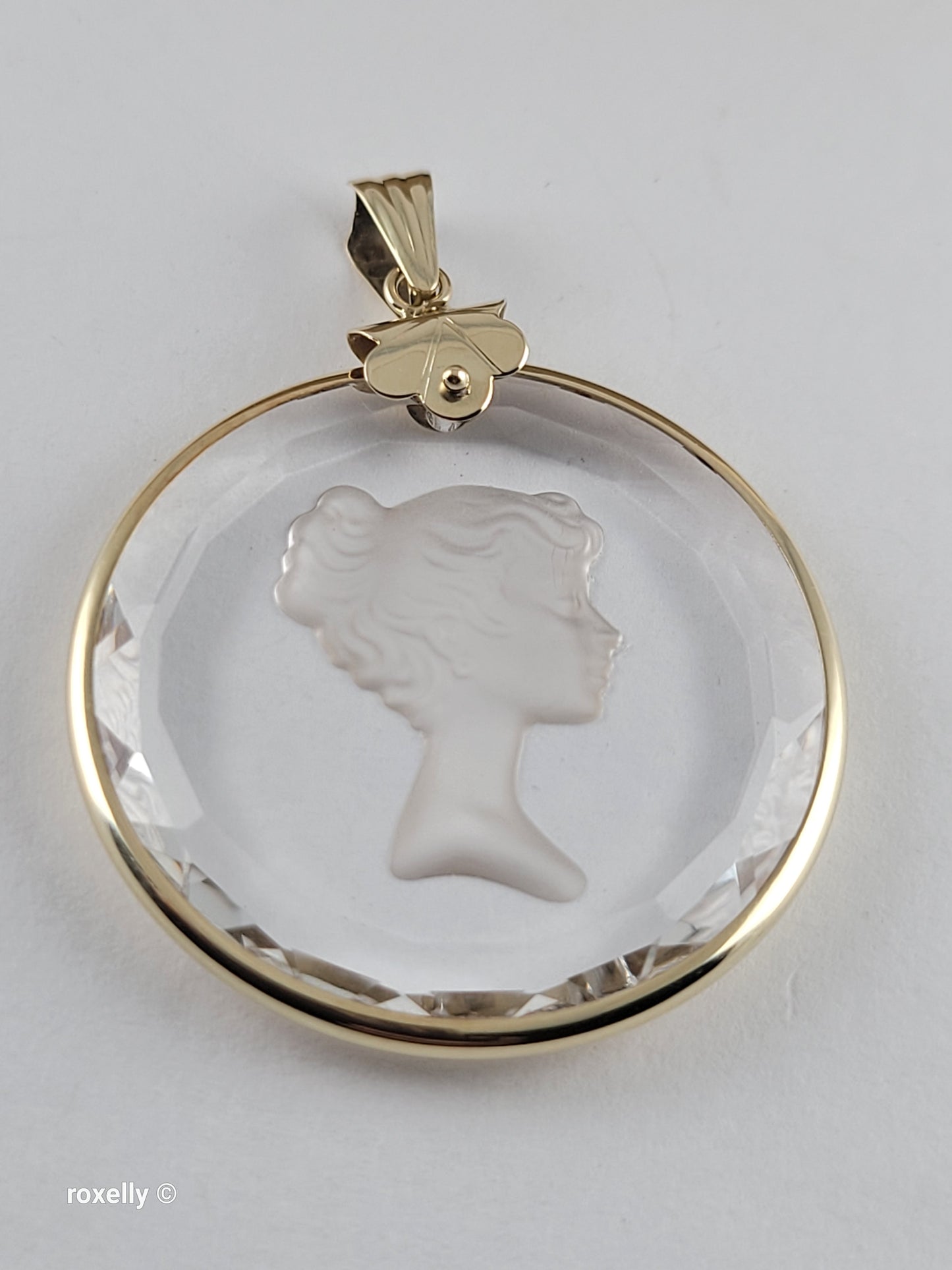 14K Vintage Yellow Gold Carved Face Clear Intaglio, Woman Bust Design Pendant, Solid Gold - Made in Italy!