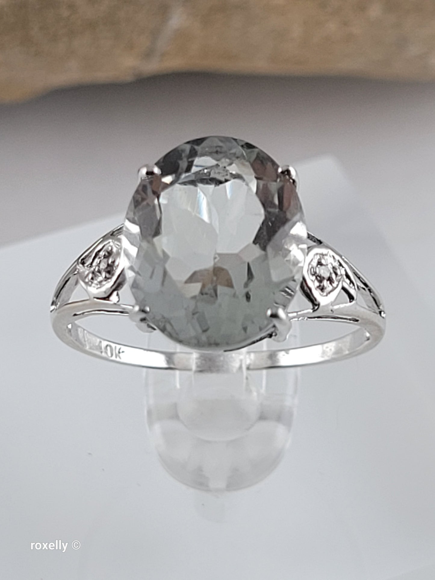 10K White Gold Prasiolite and Genuine Diamonds Ring Size 7, Solid Gold