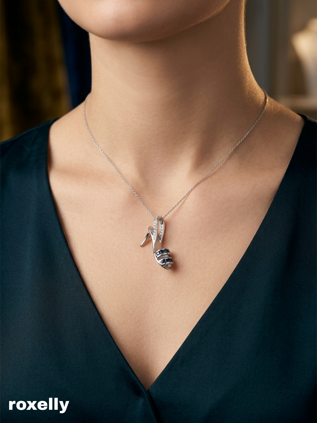 14K White Gold Necklace with High-Heel Sandal Pendant, Diamond & Blue Sapphire - Solid Gold!