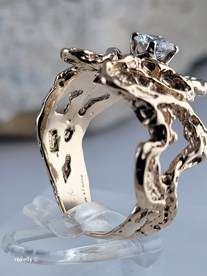 14K Yellow Gold Vintage Cubic Zirconia Brutalist Ring, Solid Gold!