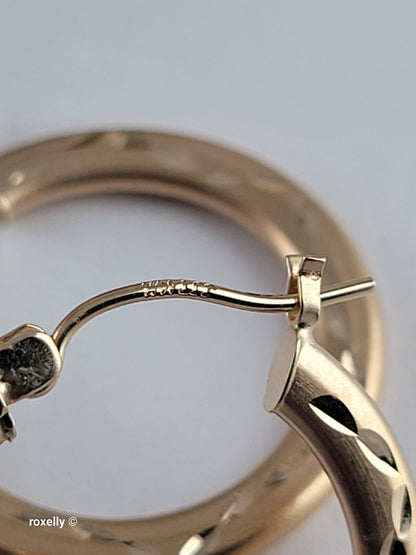 14K Yellow Gold Diamond-Cut Satin Hoop Earrings, Solid Gold