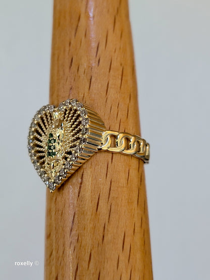 14K Yellow Gold, Heart-Shaped Lady of Guadalupe with Green and White Cubic Zirconia Ring Size 8, Solid Gold!