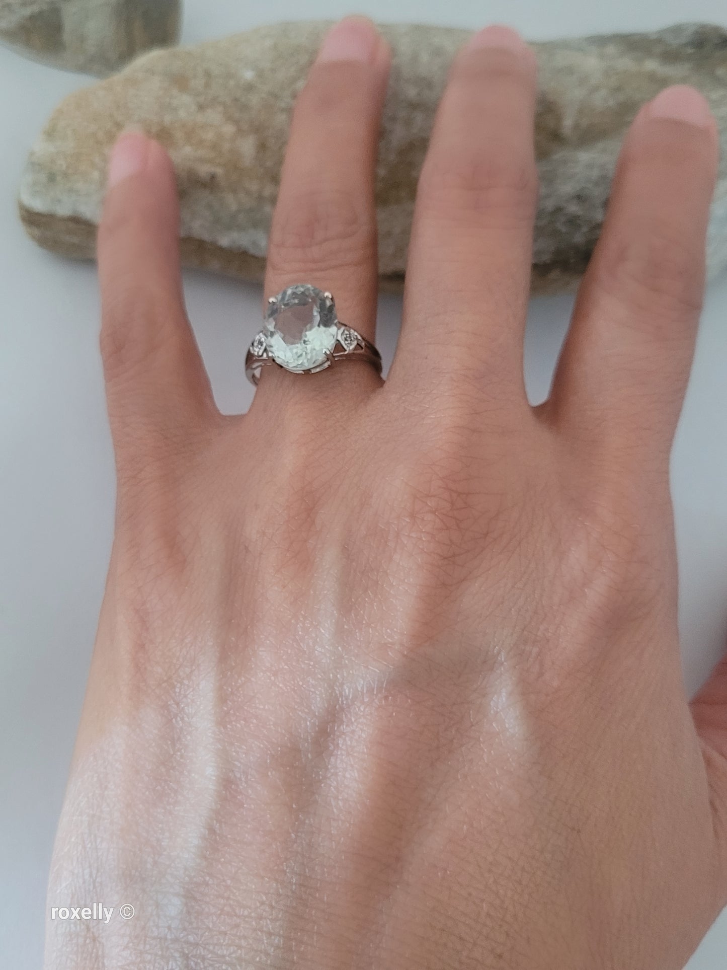 10K White Gold Prasiolite and Genuine Diamonds Ring Size 7, Solid Gold