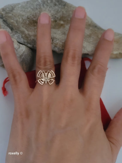 14K Rose Gold Butterfly Design, Diamond Cut & CZ Ring Size 6 - Solid Gold!