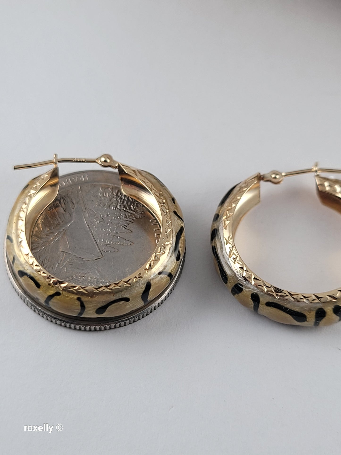 14K Yellow Gold Clasp Enamel Leopard and Diamond-Cut Hoop Earrings, Solid Gold!