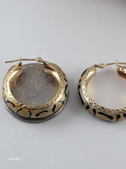14K Yellow Gold Clasp Enamel Leopard and Diamond-Cut Hoop Earrings, Solid Gold!
