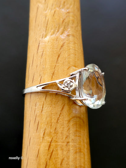 10K White Gold Prasiolite and Genuine Diamonds Ring Size 7, Solid Gold
