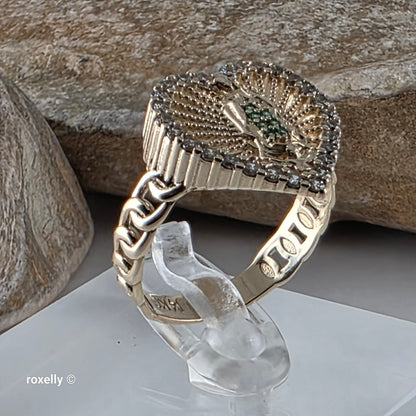 14K Yellow Gold, Heart-Shaped Lady of Guadalupe with Green and White Cubic Zirconia Ring Size 8, Solid Gold!