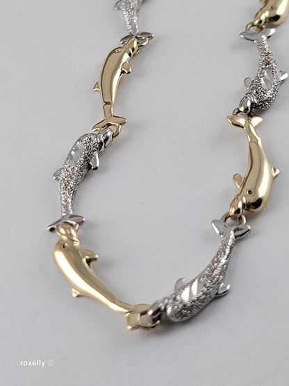 14K Two-Tone Gold Dolphin Link Bracelet, Solid Gold!