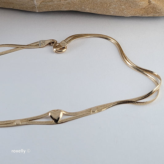 Italy 14K Solid Gold Two Strand Heart Cuban Mini Link Bracelet or Anklet