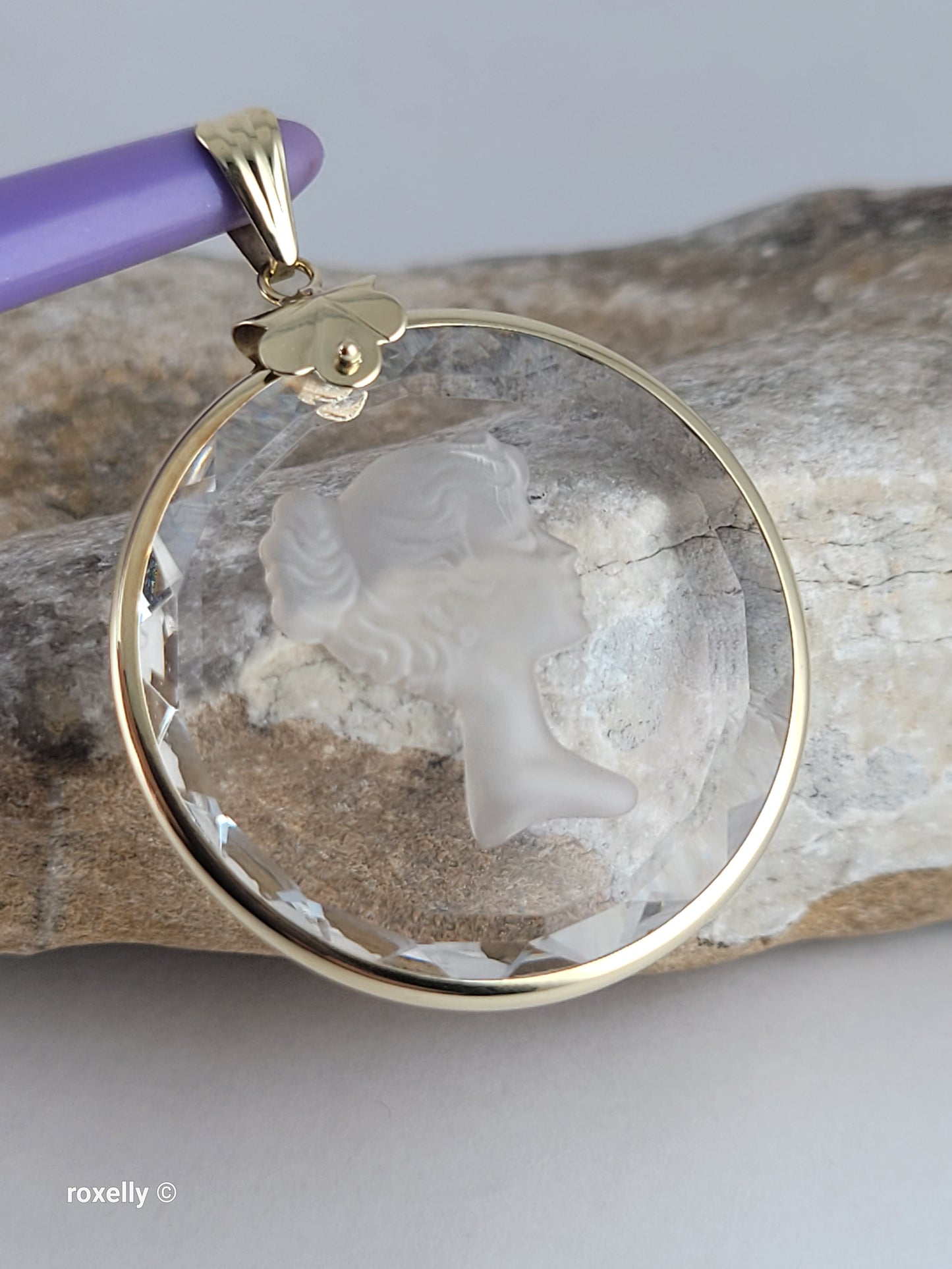 14K Vintage Yellow Gold Carved Face Clear Intaglio, Woman Bust Design Pendant, Solid Gold - Made in Italy!