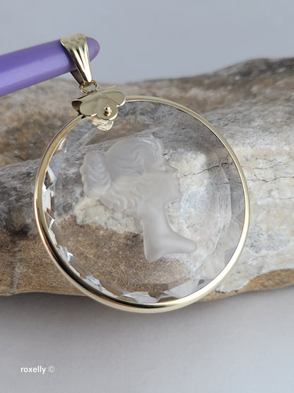 14K Vintage Yellow Gold Carved Face Clear Intaglio, Woman Bust Design Pendant, Solid Gold - Made in Italy!