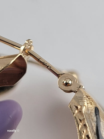 14K Yellow Gold Clasp Enamel Leopard and Diamond-Cut Hoop Earrings, Solid Gold!
