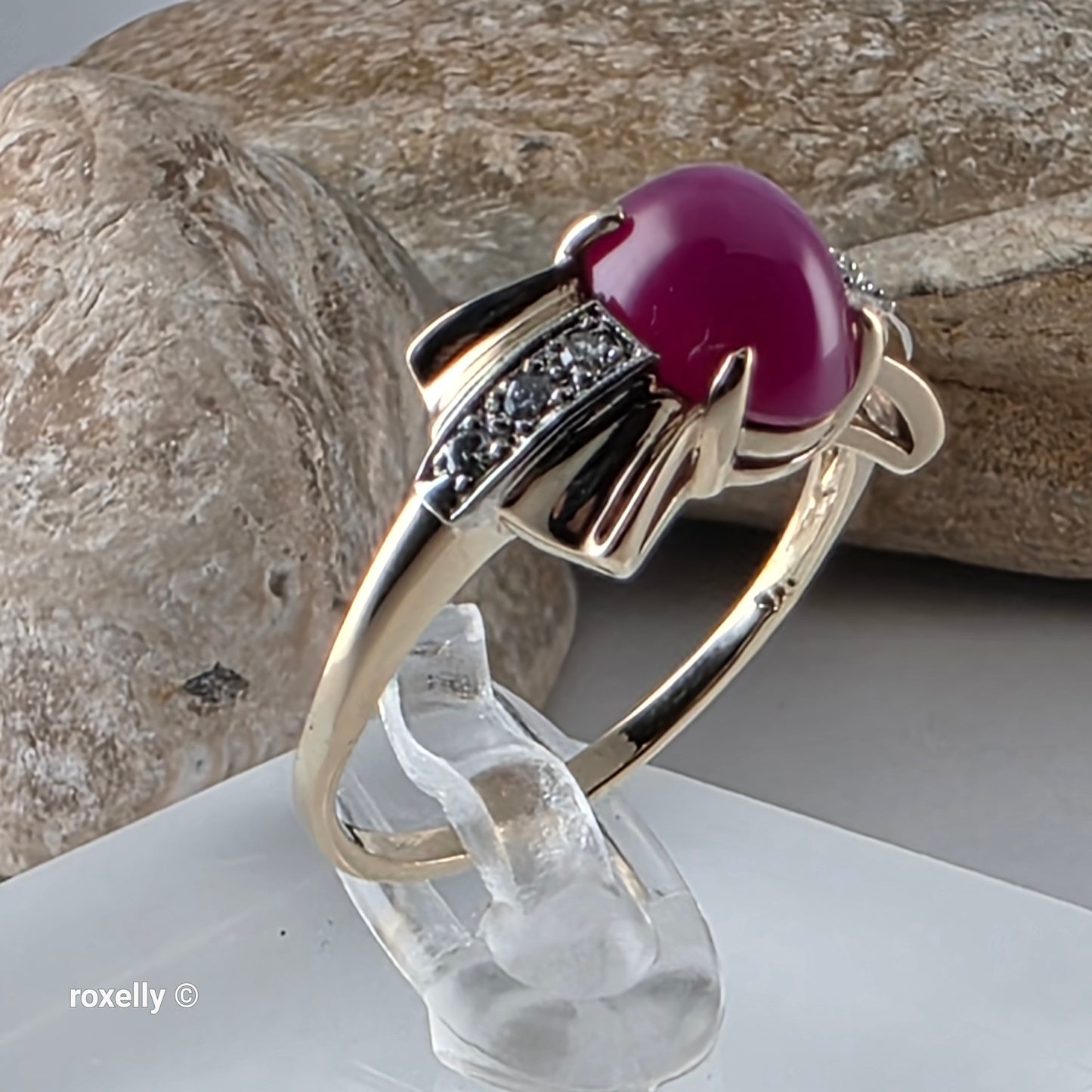 14K Yellow Gold Pink Star Sapphire and Diamond Ring Size 7.5, Solid Gold!