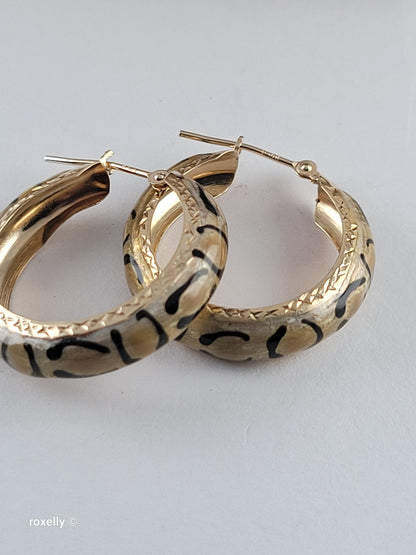 14K Yellow Gold Clasp Enamel Leopard and Diamond-Cut Hoop Earrings, Solid Gold!