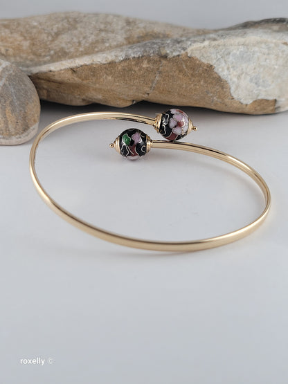 14K Yellow Gold Cloisonne Enamel Floral Bangle Bracelet, Solid Gold!