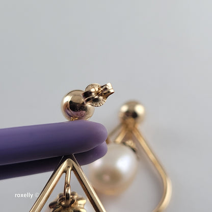 14K Yellow Gold Freshwater Pearl Drop-Shaped Dangle Earrings, Solid Gold!