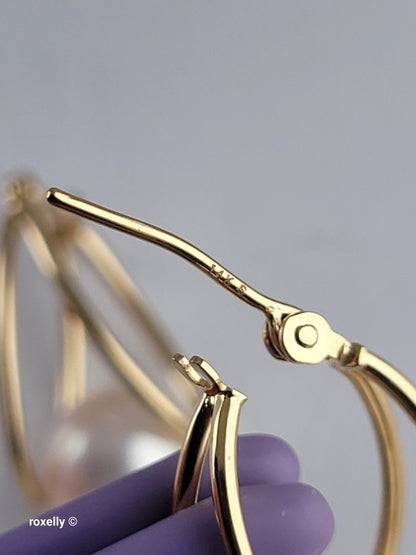 14K Yellow Gold Freshwater Pearl Double Hoop Earrings, Solid Gold!