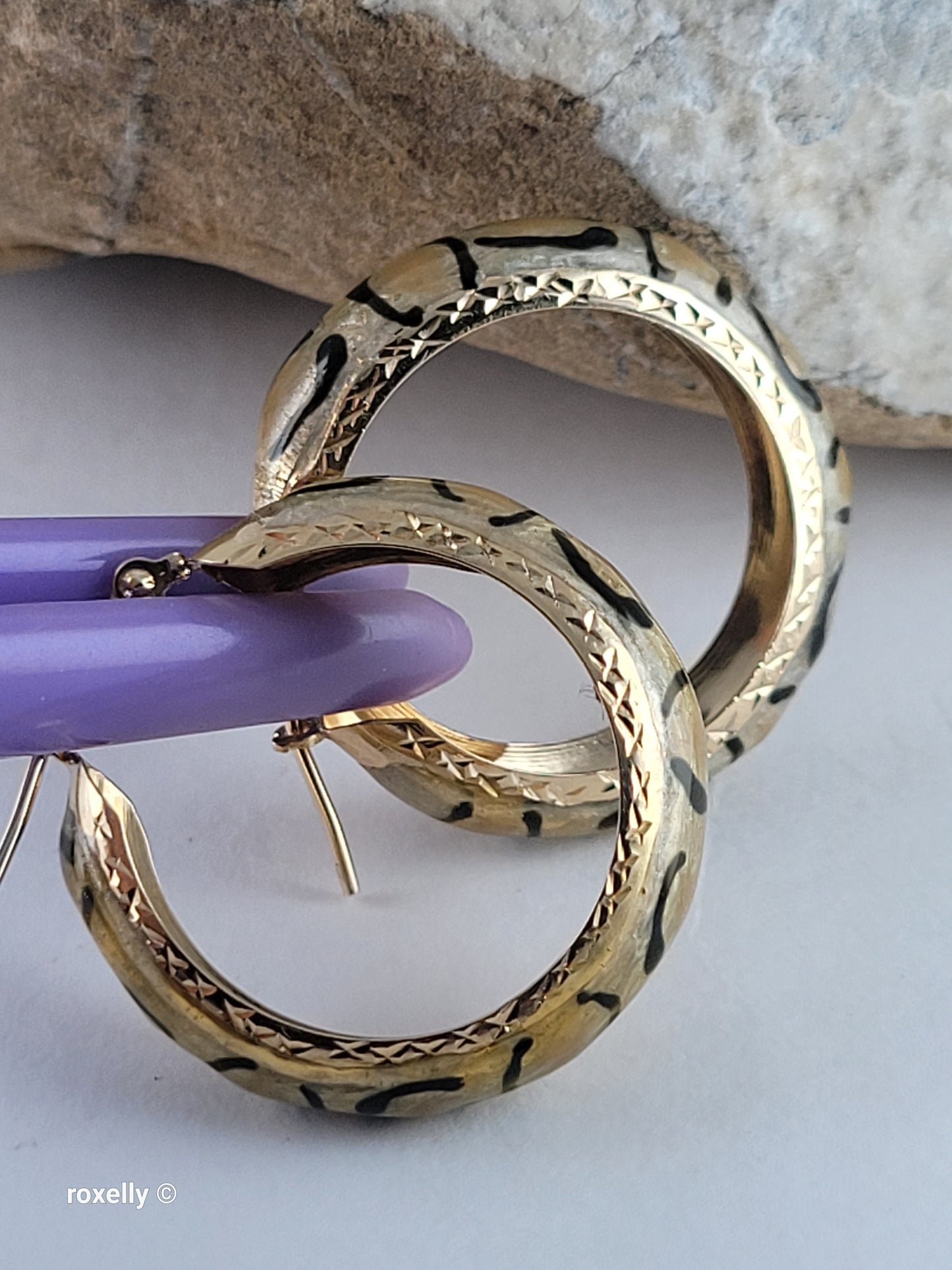 14K Yellow Gold Clasp Enamel Leopard and Diamond-Cut Hoop Earrings, Solid Gold!
